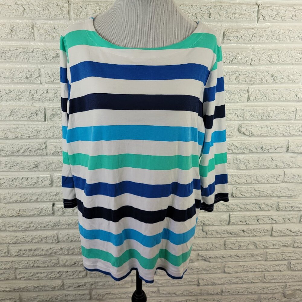 Croft & Barrow Womens 2X Top Blue White Striped 3/4 Sleeve Cotton Knit STR155E